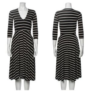 Feminine Going Out Reformation Midi Dress Black White Striped V-Neck XXS Stretch